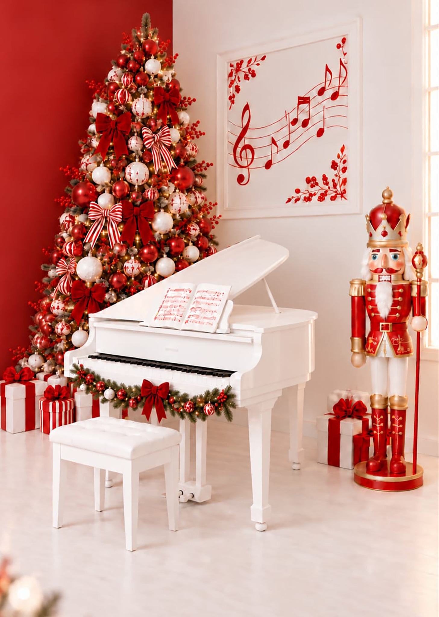Inspiração do cenário Sonhos de Natal 2026: piano branco, árvore natalina vermelha e quebra-nozes